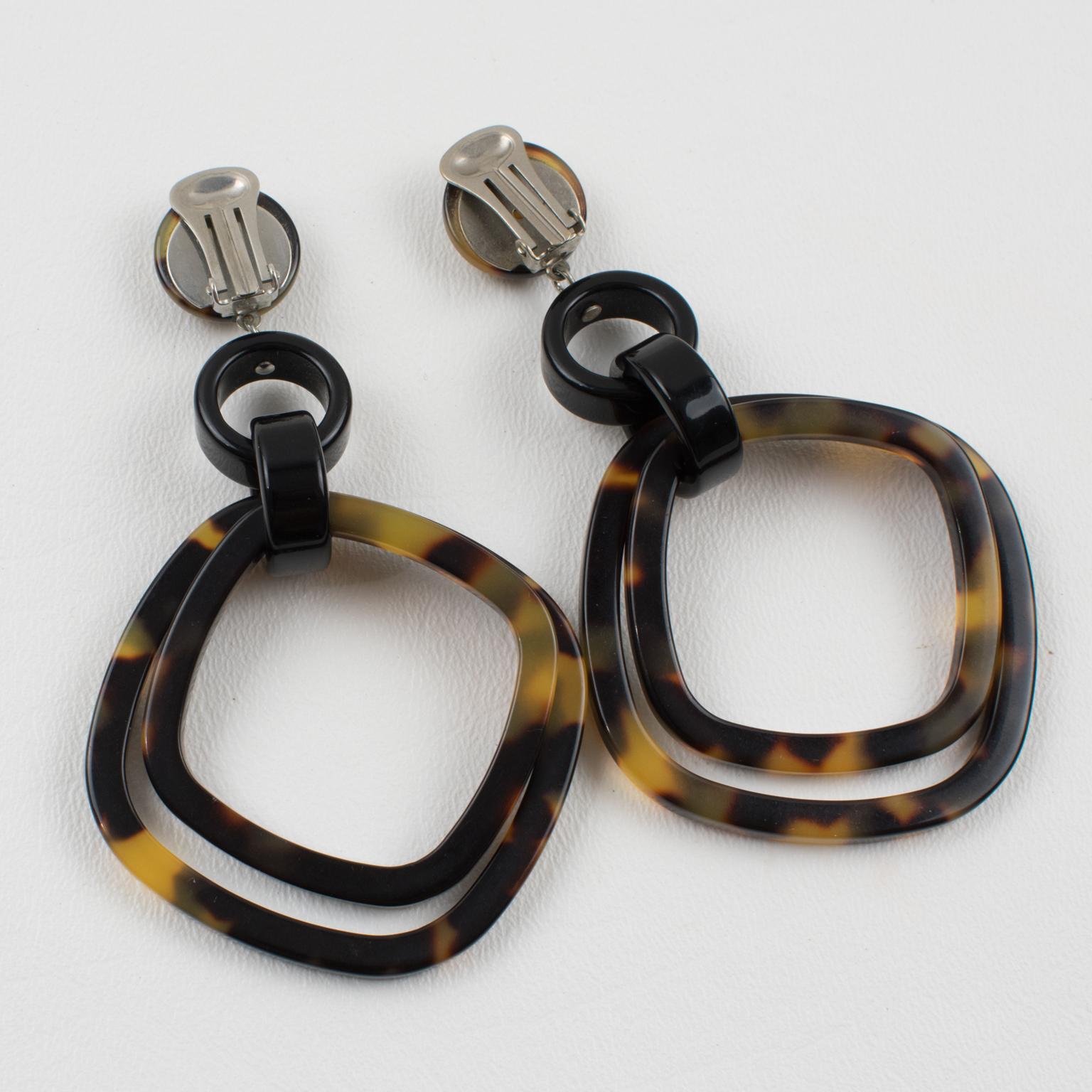 Modern Angela Caputi Black and Tortoise Resin Dangle Clip Earrings For Sale
