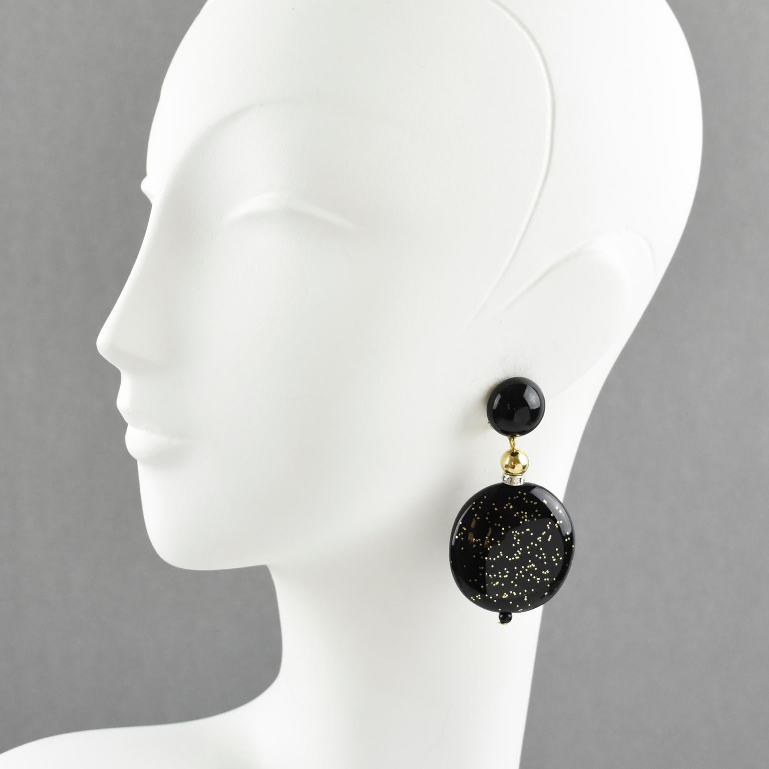 Exquisite Angela Caputi, made in Italy resin clip-on earrings. Dangling shape with black color geometric pebble bead contrasted with gold flakes and compliment with a tiny clear rhinestones spacer ring. Her matching of colors is always extremely