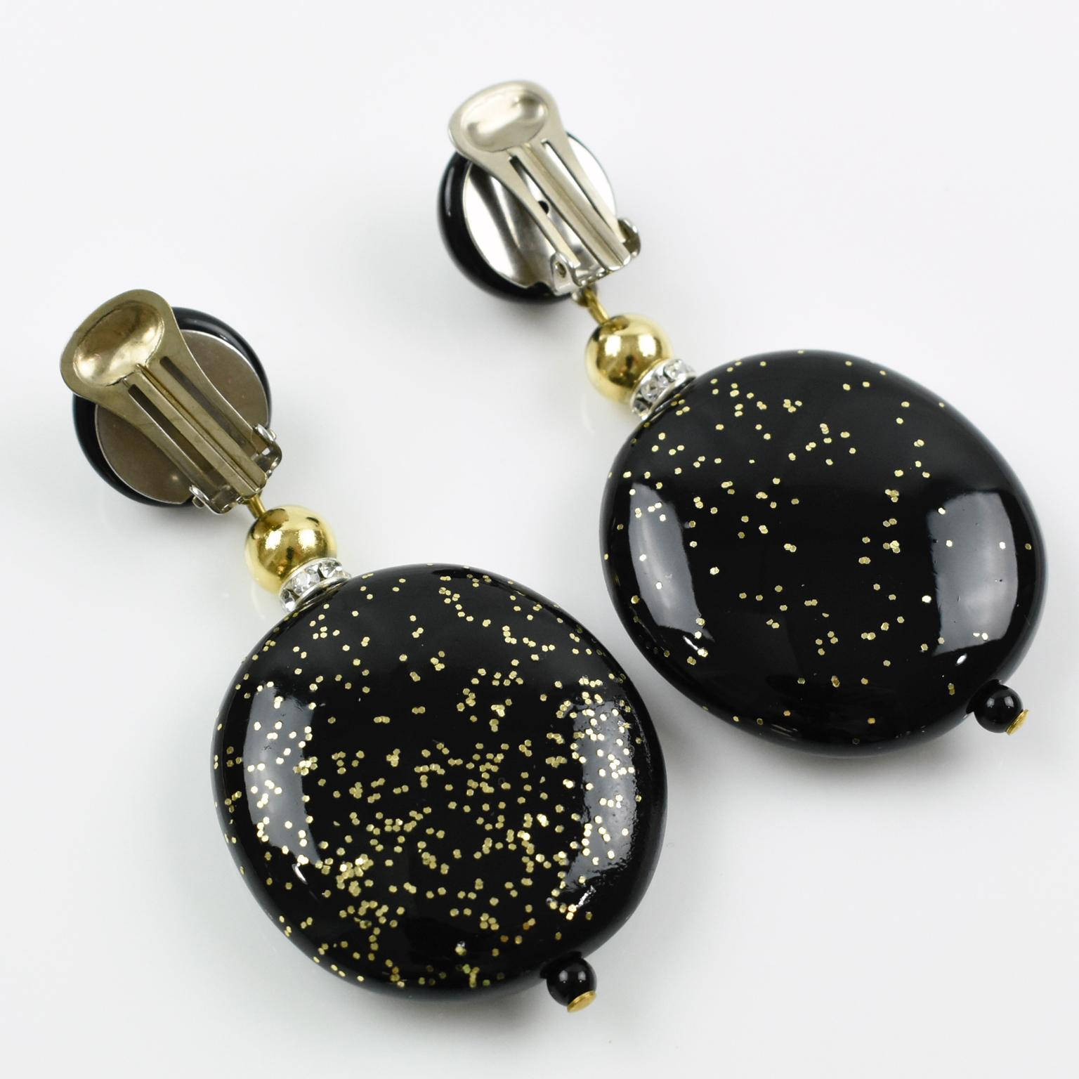 Modern Angela Caputi Black Gold Flakes Dangle Resin Clip Earrings