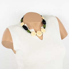 Angela Caputi Black, Green and Ivory Resin Choker Necklace Flowers and Owls