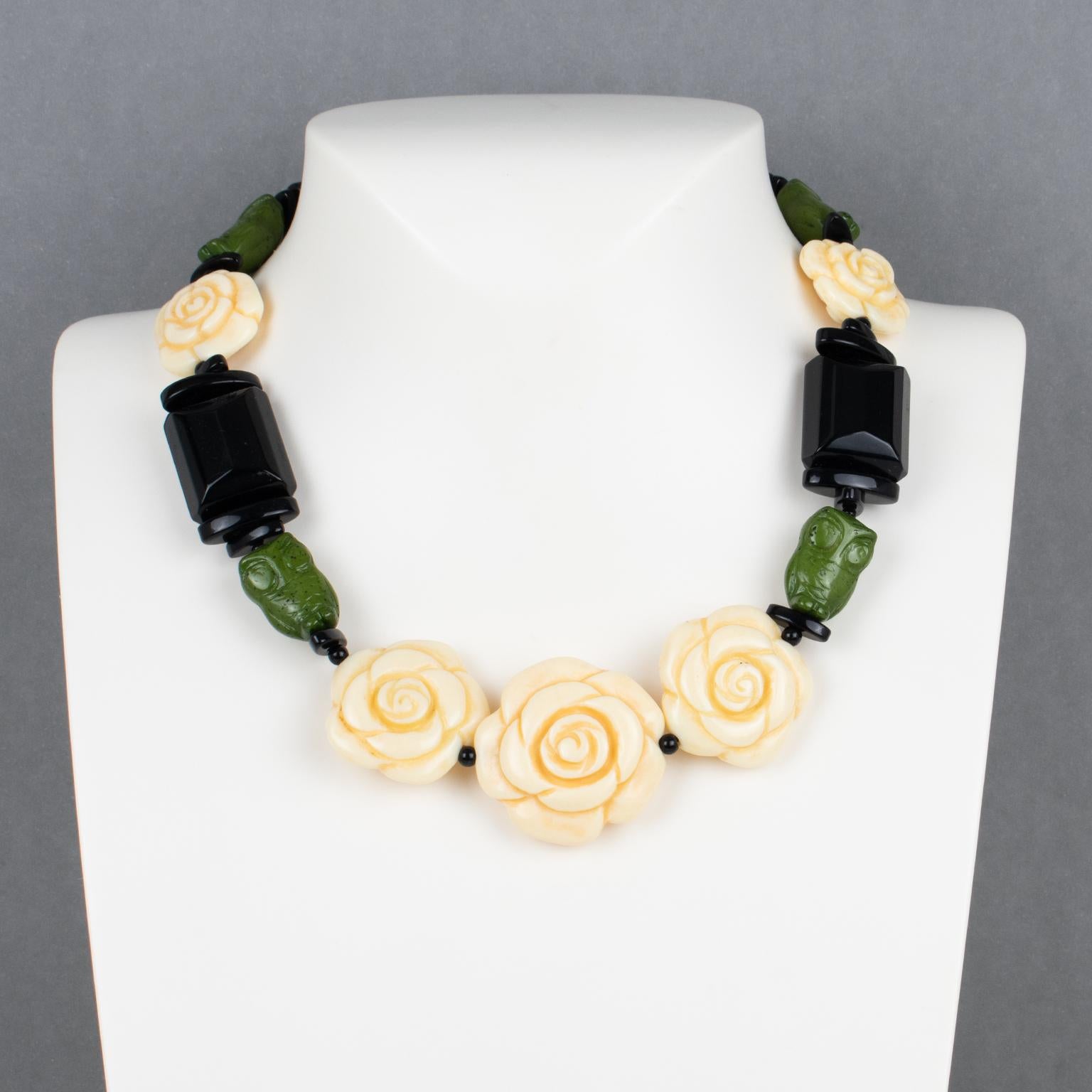 Modern Angela Caputi Black, Green and Ivory Resin Choker Necklace Flowers and Owls For Sale