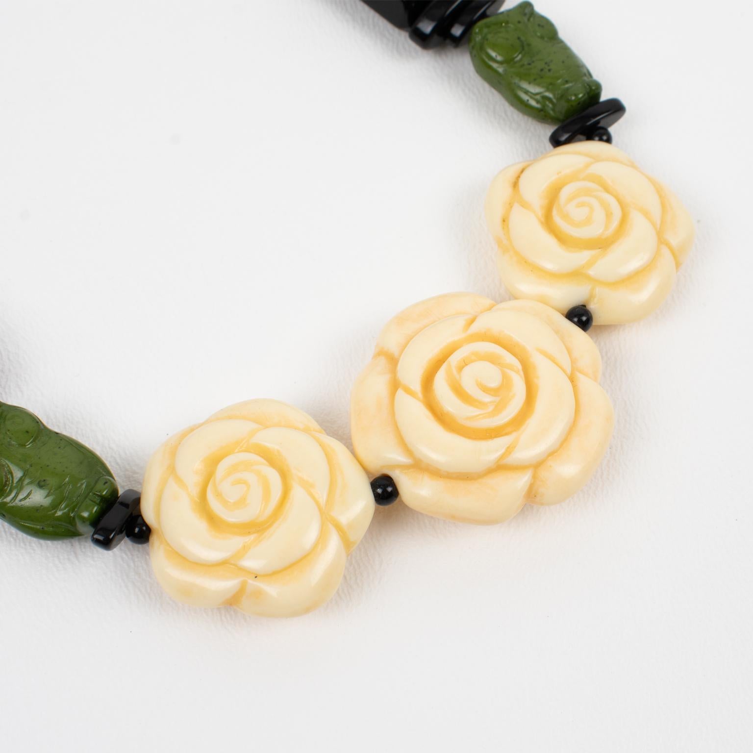 Women's or Men's Angela Caputi Black, Green and Ivory Resin Choker Necklace Flowers and Owls For Sale