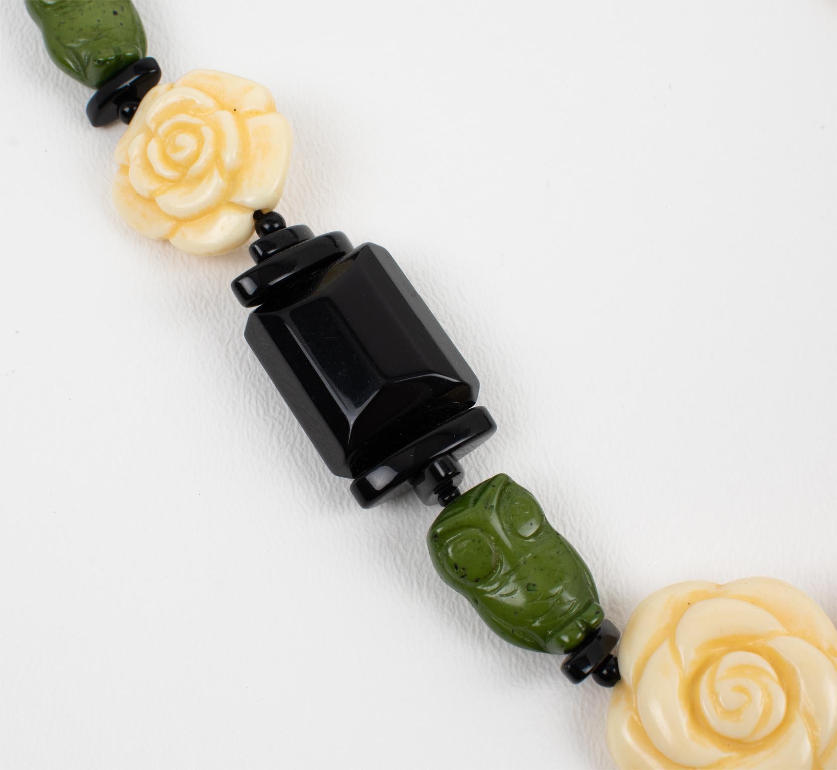Angela Caputi Black, Green and Ivory Resin Choker Necklace Flowers and Owls For Sale 1