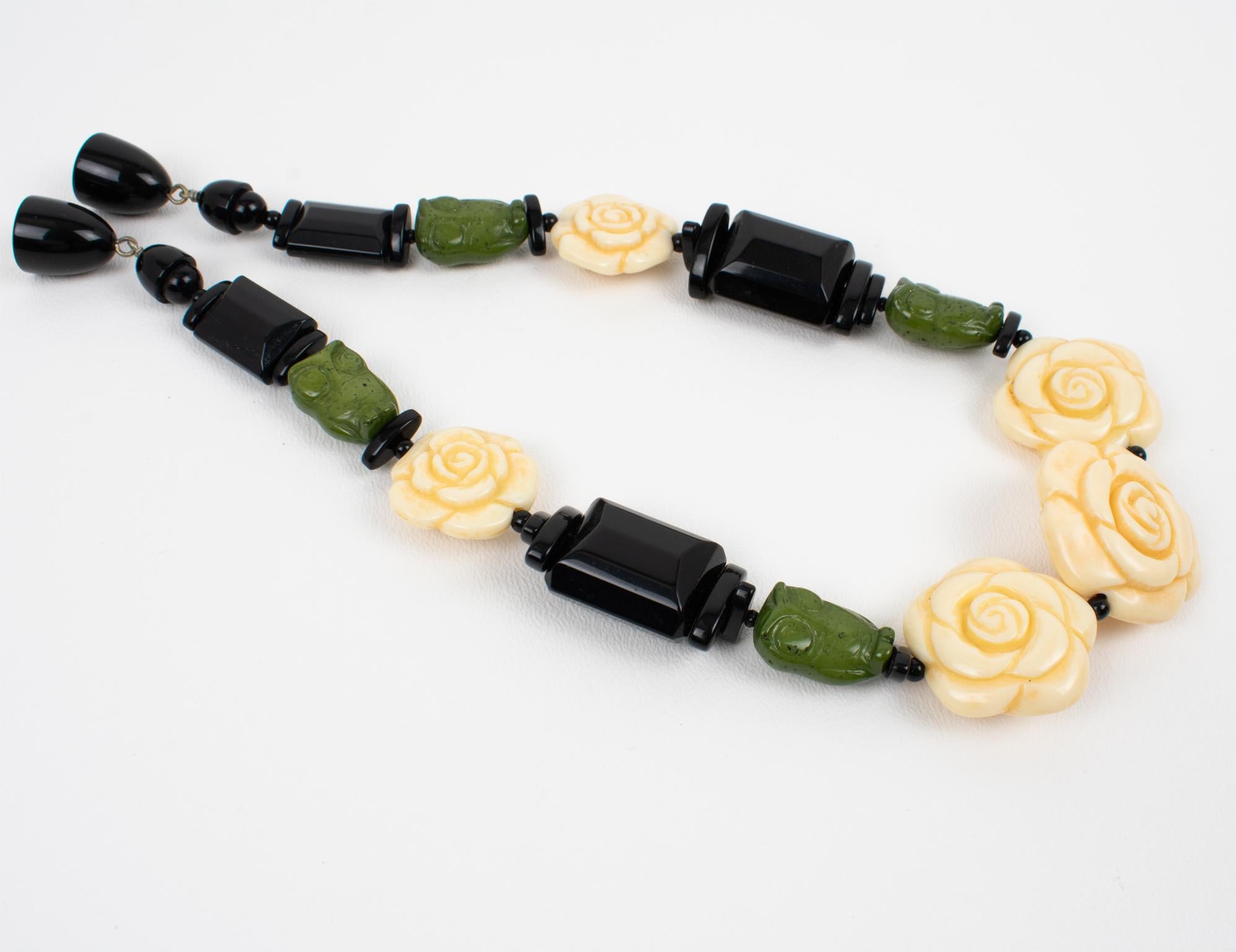 Angela Caputi Black, Green and Ivory Resin Choker Necklace Flowers and Owls For Sale 2