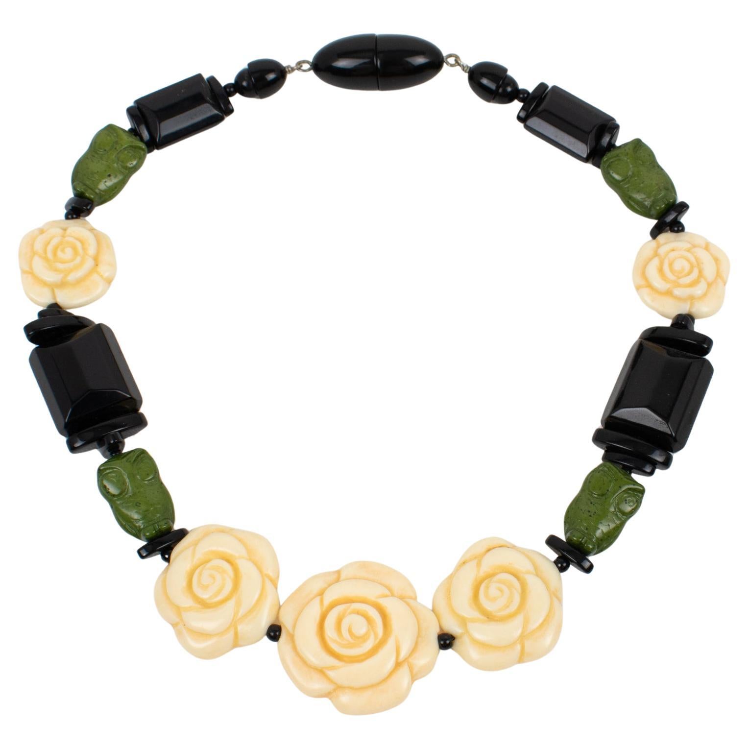 Angela Caputi Black, Green and Ivory Resin Choker Necklace Flowers and Owls For Sale