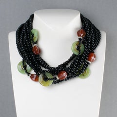Angela Caputi Black Necklace with Jade and Carnelian Resin Beads