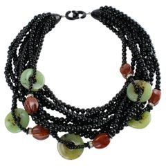 Angela Caputi Black Necklace with Jade and Carnelian Resin Beads