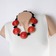Angela Caputi Black Resin and Cinnabar Carved Disks Necklace
