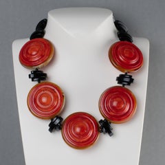 Angela Caputi Black and Cinnabar Red Resin Carved Disks Necklace