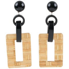Angela Caputi Black Resin and Lucite with Rattan Dangling Clip On Earrings