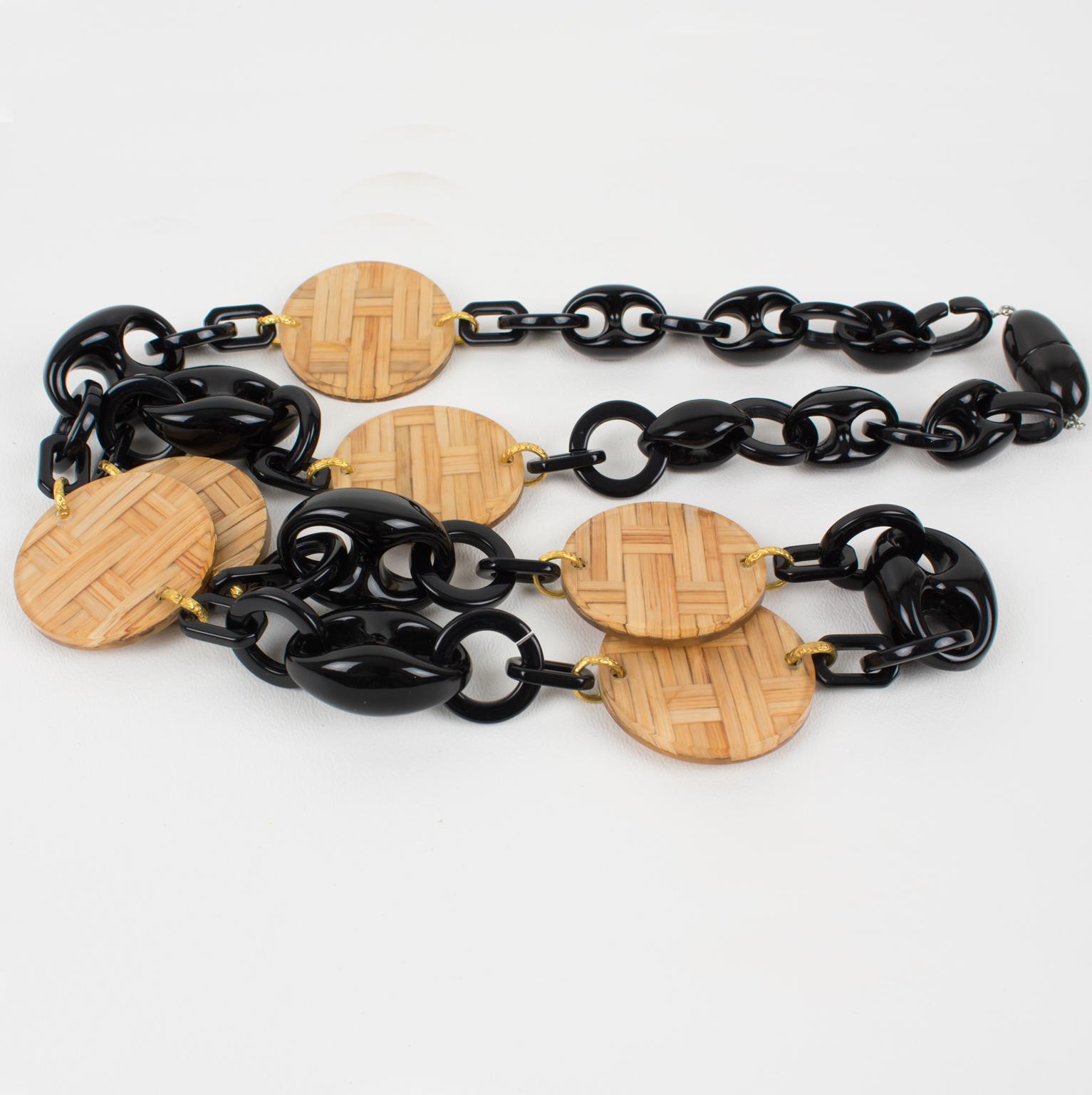 Angela Caputi Black Resin and Rattan Long Necklace For Sale 2