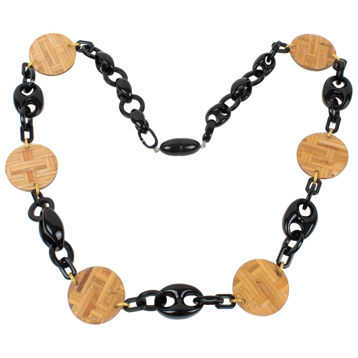 Angela Caputi Black Resin and Rattan Long Necklace For Sale