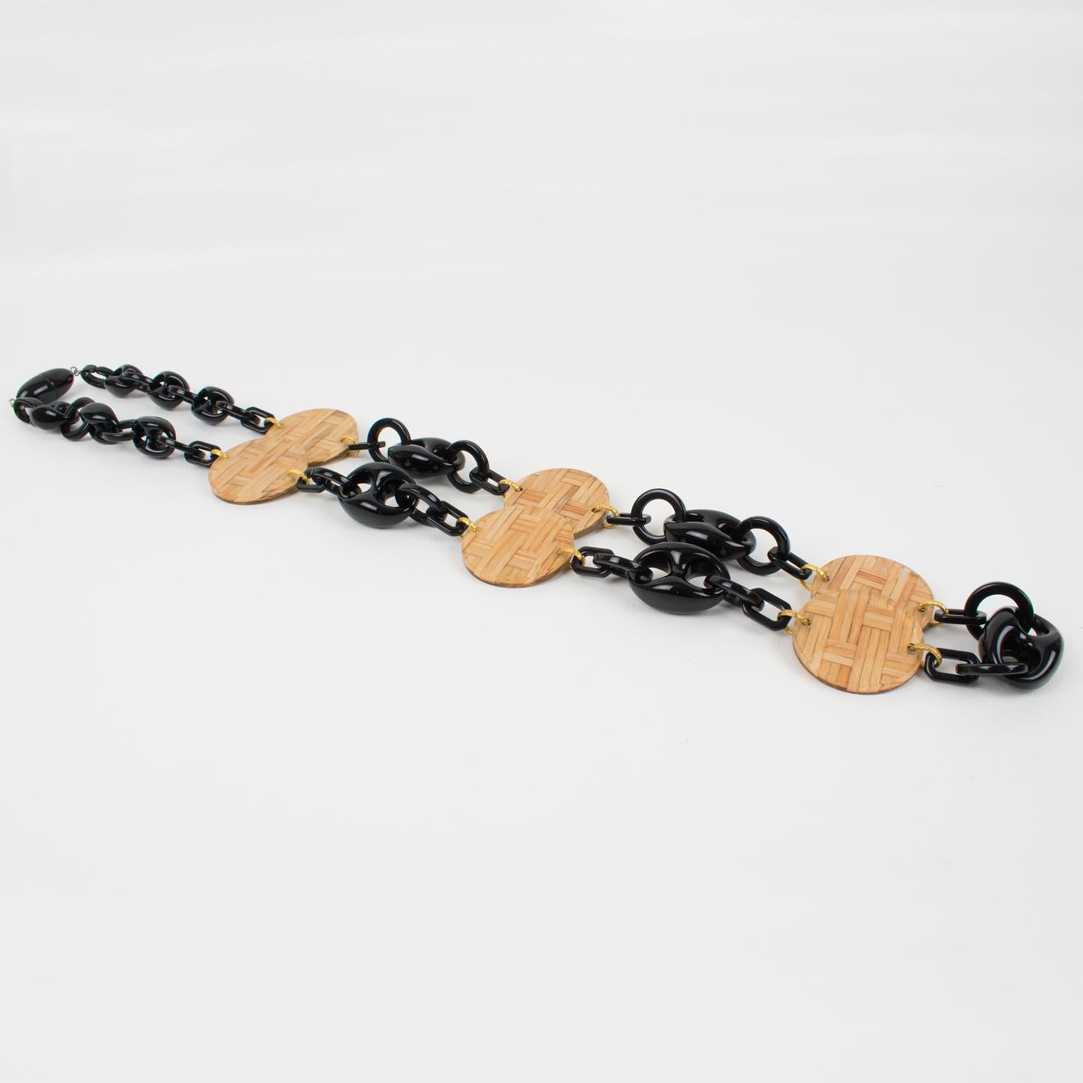 Angela Caputi Black Resin and Wicker Rattan Long Necklace In Excellent Condition For Sale In Atlanta, GA