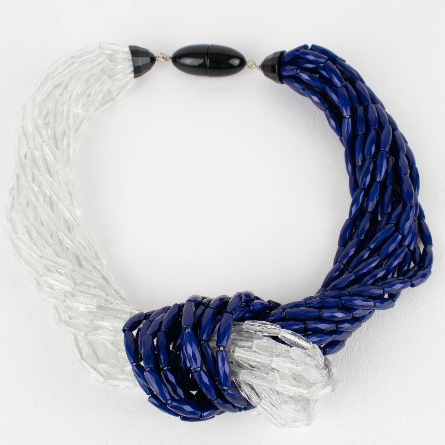 Modern Angela Caputi Blue and Transparent Resin Multi-Strand Knotted Choker Necklace For Sale