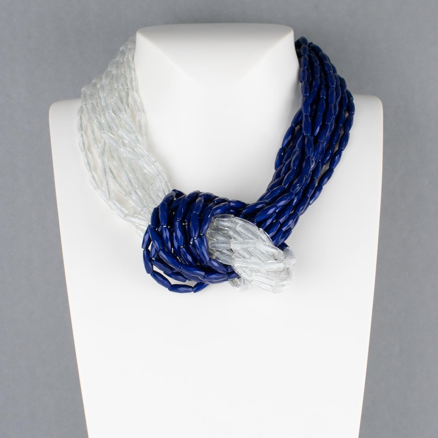 Angela Caputi Blue and Transparent Resin Multi-Strand Knotted Choker Necklace In Excellent Condition For Sale In Atlanta, GA