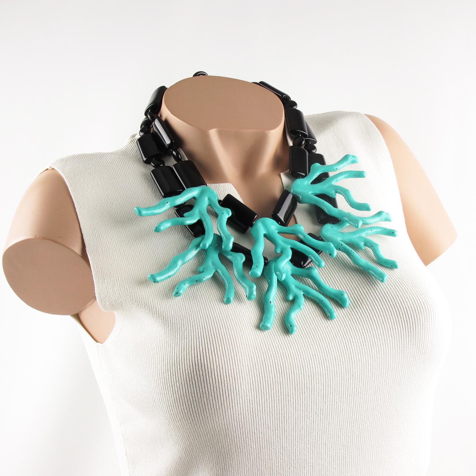 Impressive Angela Caputi, made in Italy resin choker beaded necklace. Oversized two-strand design with dominant black color contrasted with huge resin faux coral branches in arctic blue color. Her matching of colors is always extremely classy,