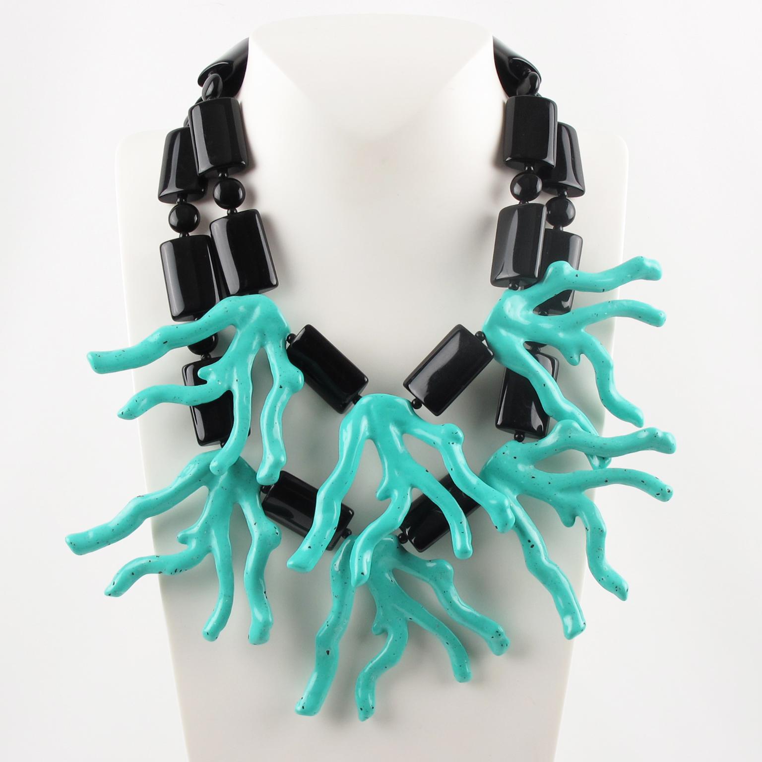 Modern Angela Caputi Blue Coral & Black Resin Two-Strand Oversized Choker Necklace