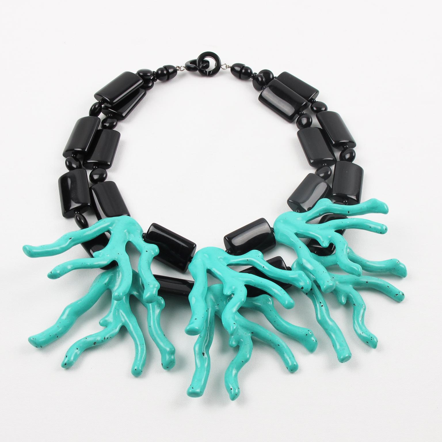 Angela Caputi Blue Coral & Black Resin Two-Strand Oversized Choker Necklace In Excellent Condition In Atlanta, GA