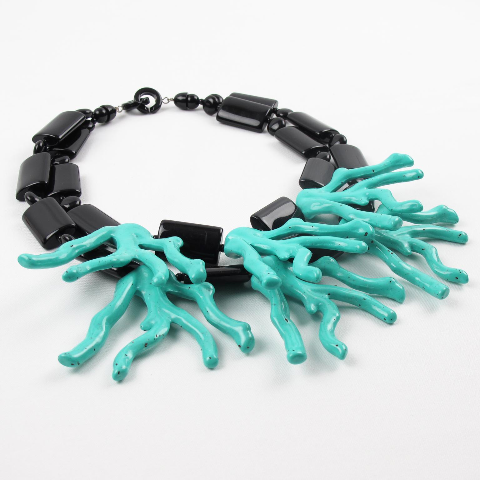 Women's or Men's Angela Caputi Blue Coral & Black Resin Two-Strand Oversized Choker Necklace