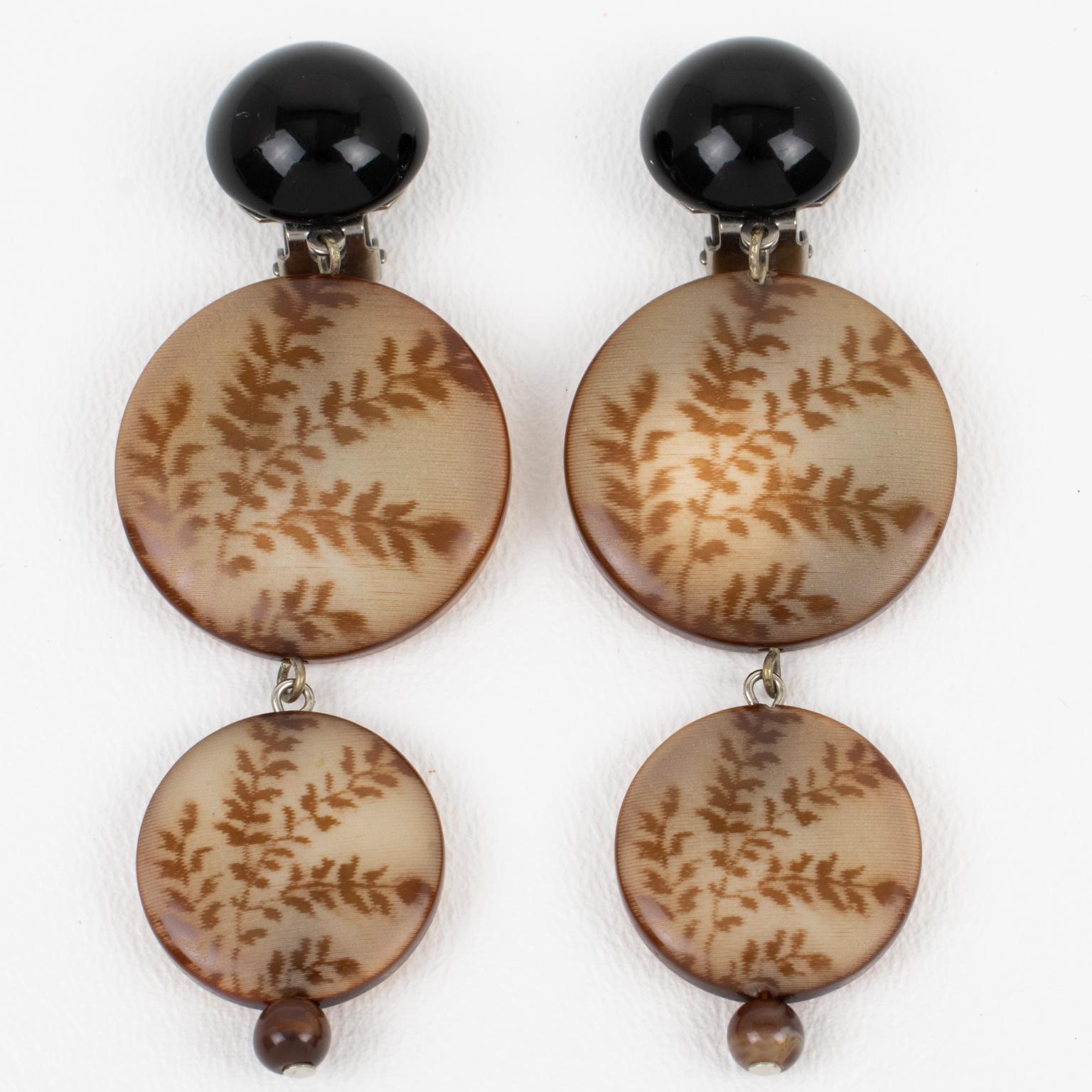Modern Angela Caputi Brown Tawny and Black Resin Dangle Clip Earrings with Fern Design For Sale