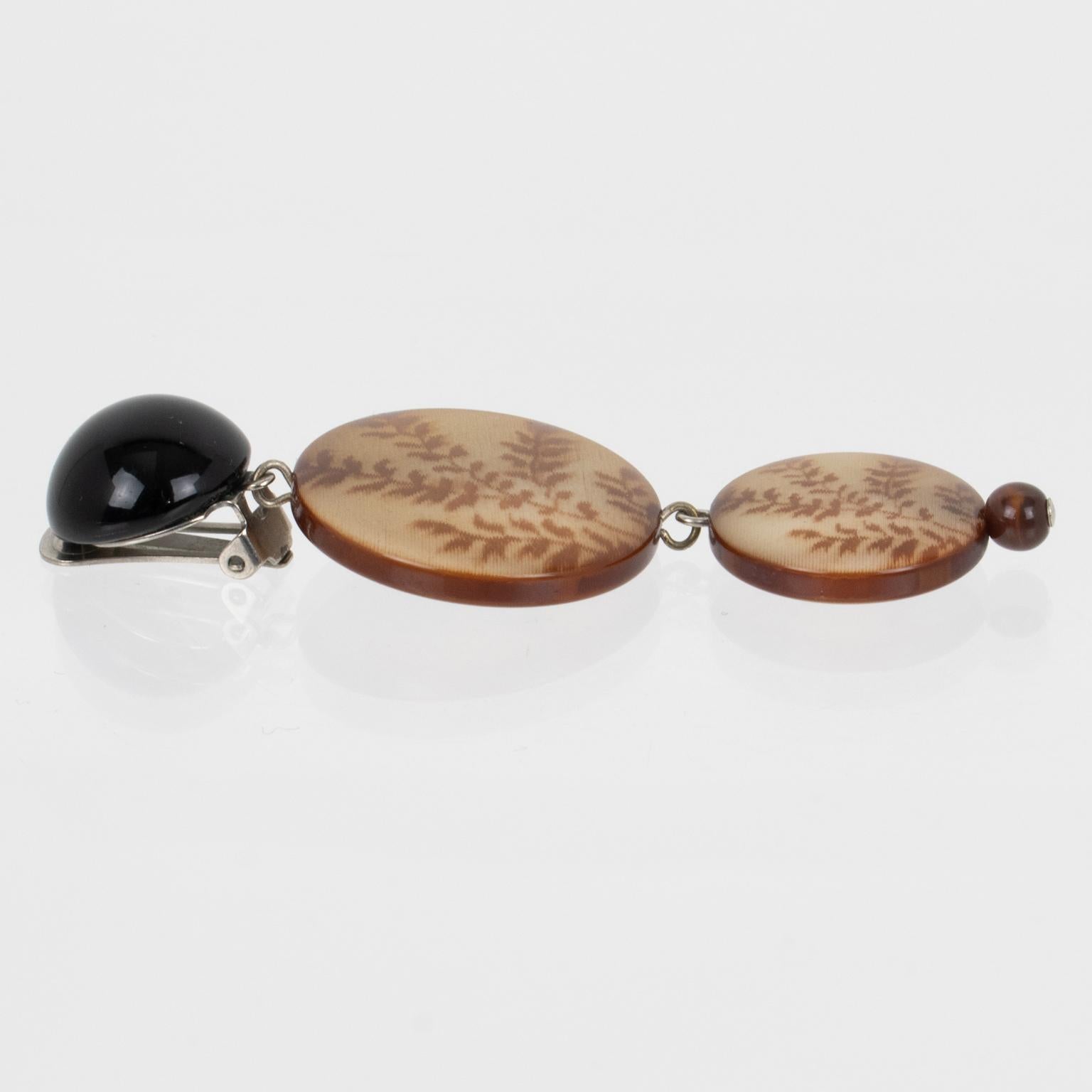 Women's or Men's Angela Caputi Brown Tawny and Black Resin Dangle Clip Earrings with Fern Design For Sale