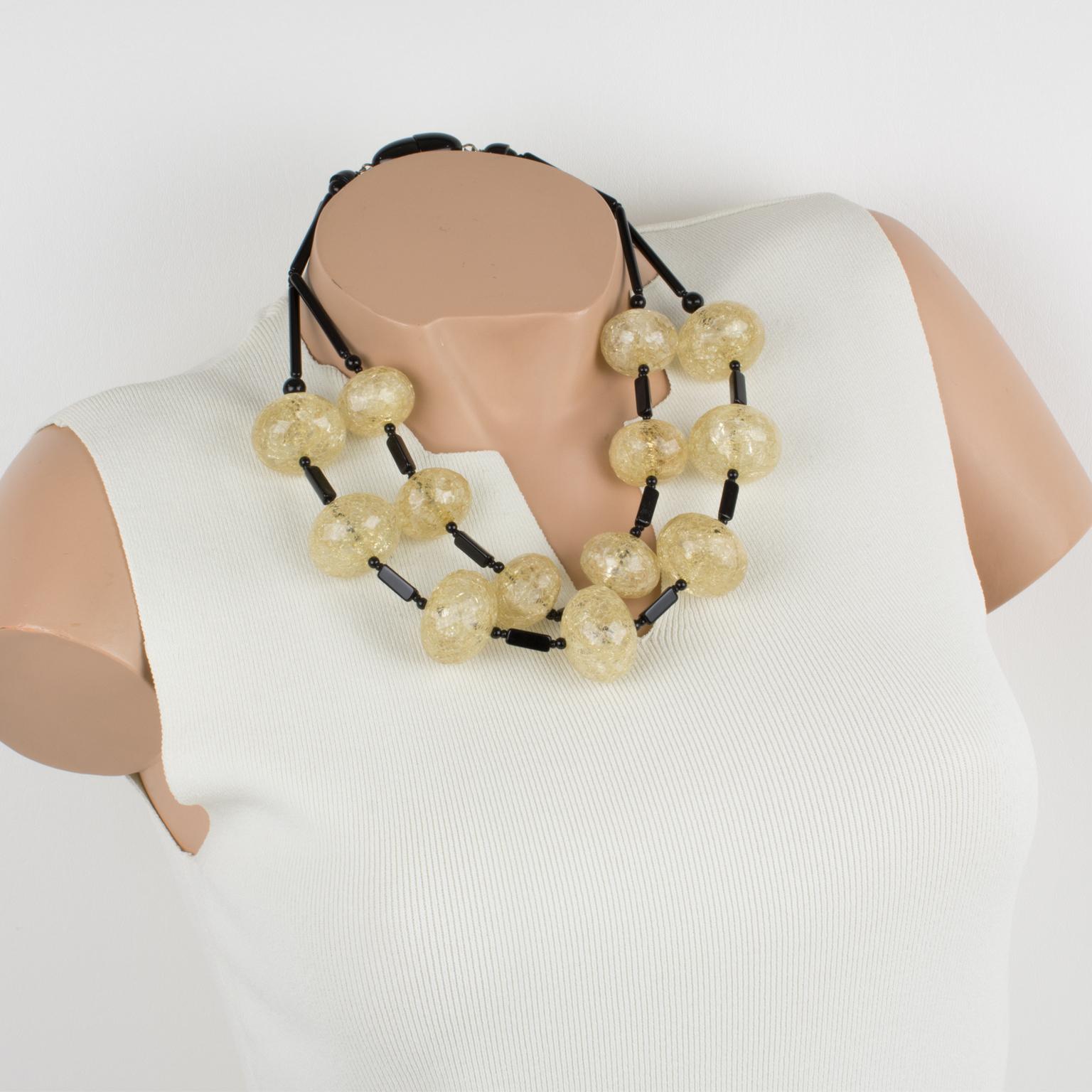 Elegant Angela Caputi, made in Italy choker beaded necklace. Double strand shape build with large fractal resin beads in light beige champagne color, compliment with black Lucite long stick beads. As you know Caputi jewelry is not signed. This is a