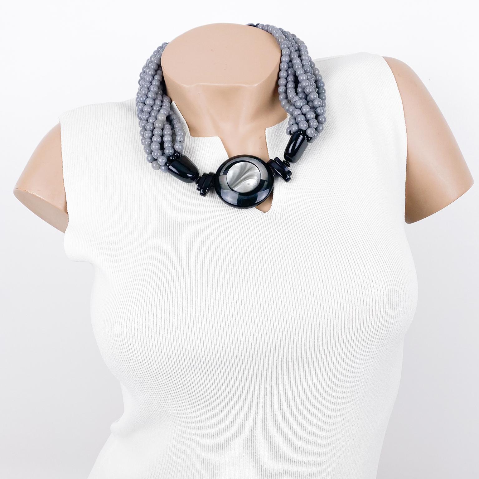 Modern Angela Caputi Resin Choker Necklace Gray and Black Multi-Strand For Sale
