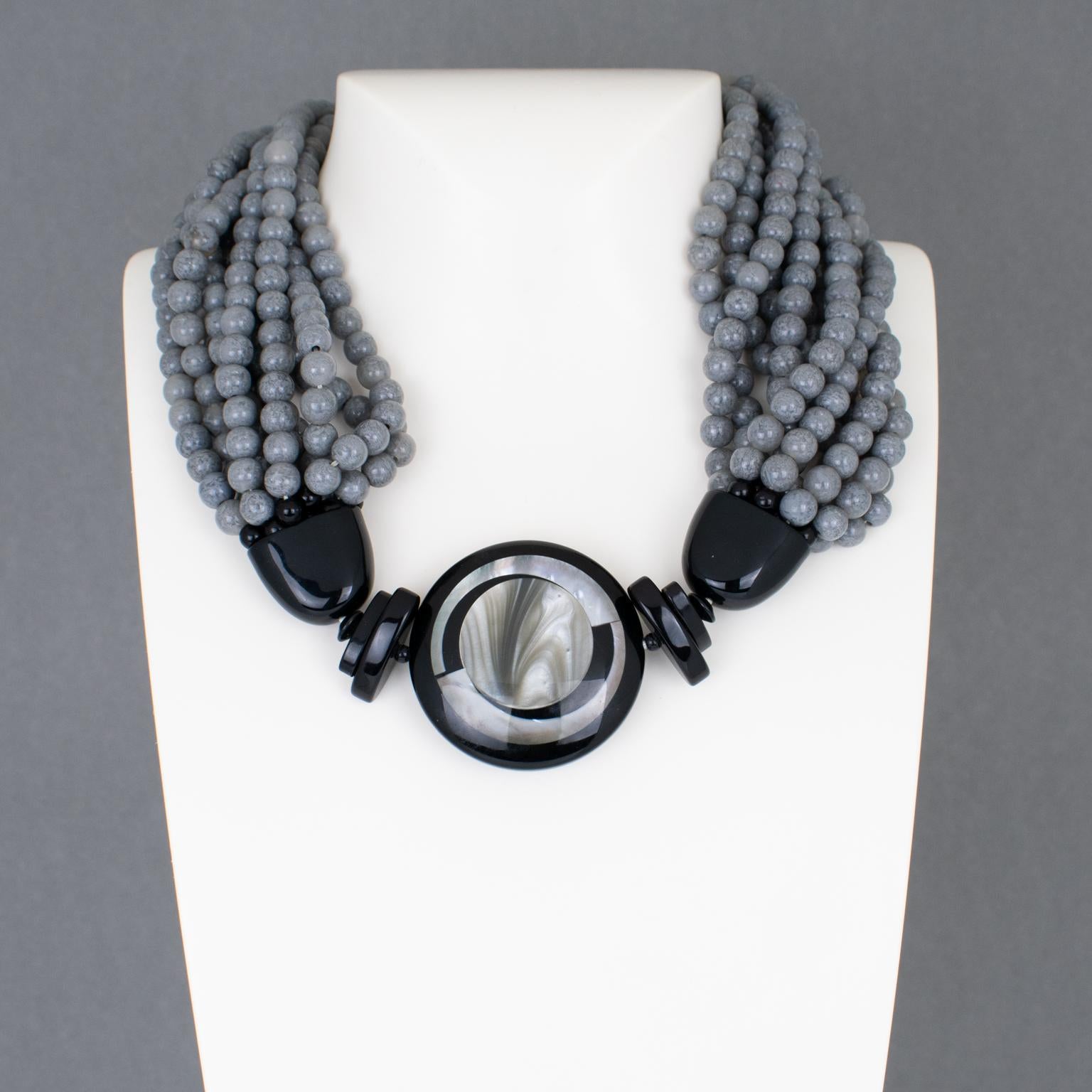 Angela Caputi Resin Choker Necklace Gray and Black Multi-Strand In Excellent Condition For Sale In Atlanta, GA