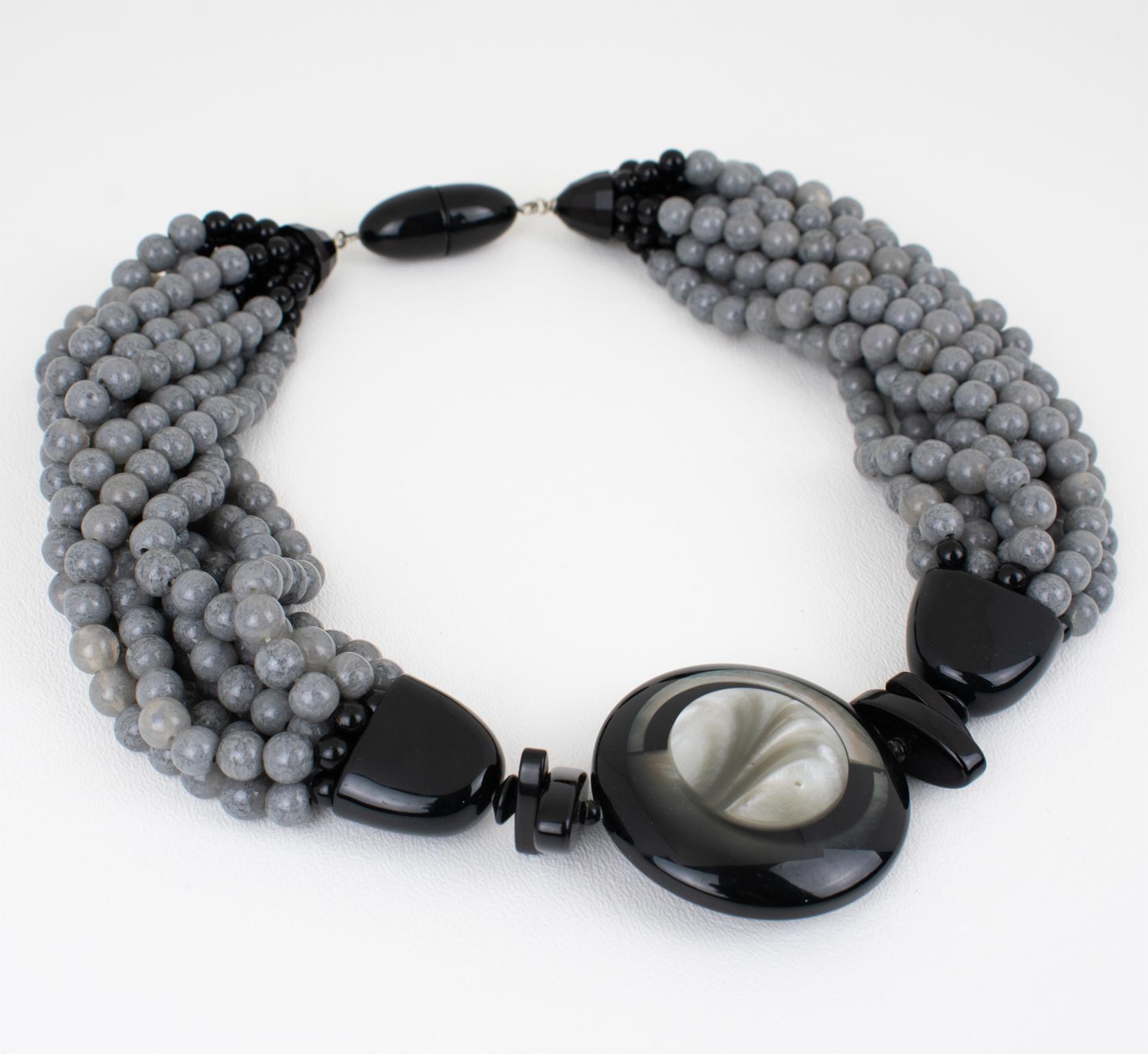 Women's or Men's Angela Caputi Resin Choker Necklace Gray and Black Multi-Strand For Sale