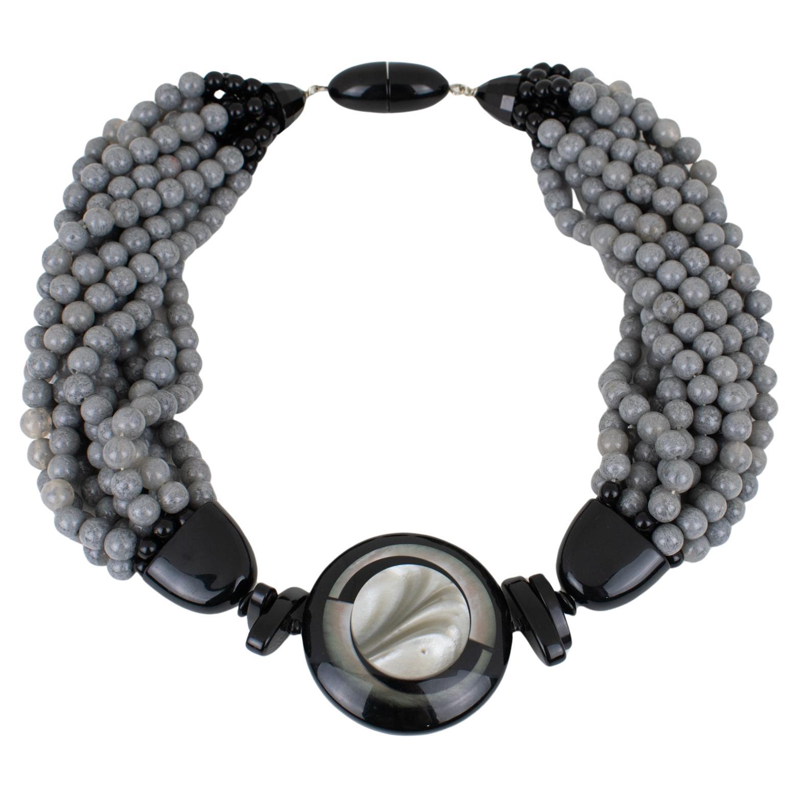 Angela Caputi Resin Choker Necklace Gray and Black Multi-Strand For Sale