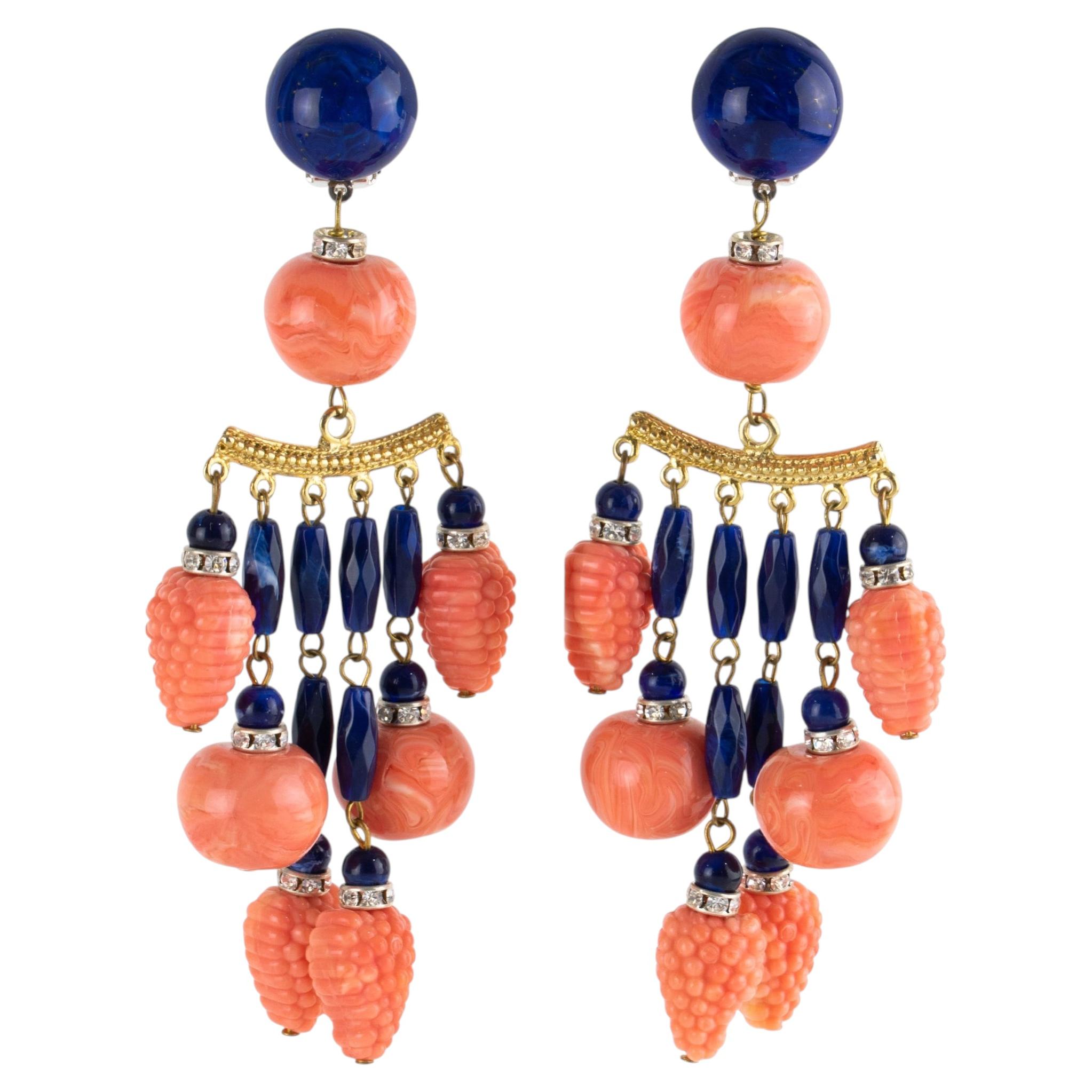 Angela Caputi Coral and Lapis Resin Chandelier Dangle Clip Earrings For Sale