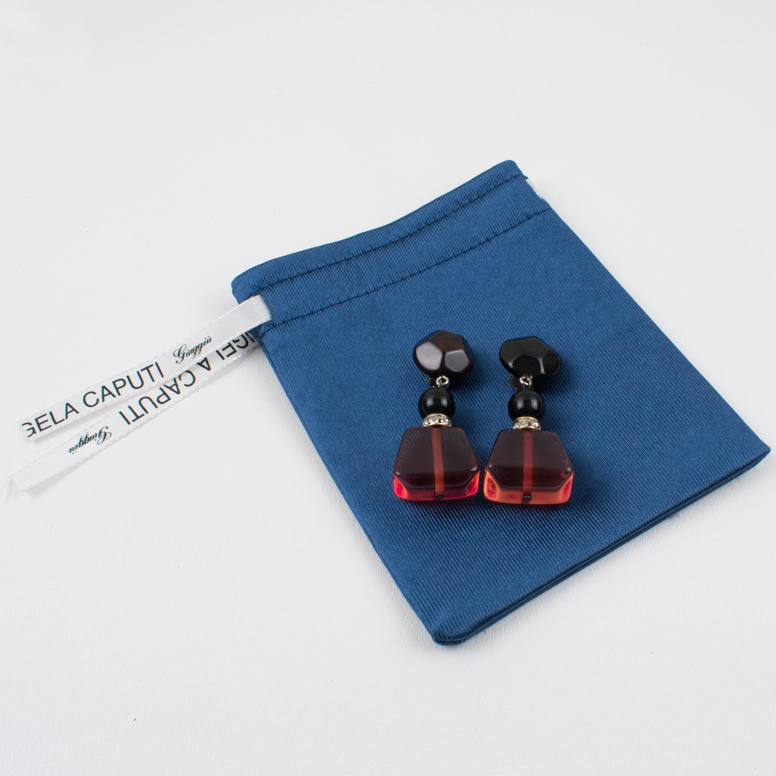 Modern Angela Caputi Dangle Black and Cranberry Resin Clip Earrings