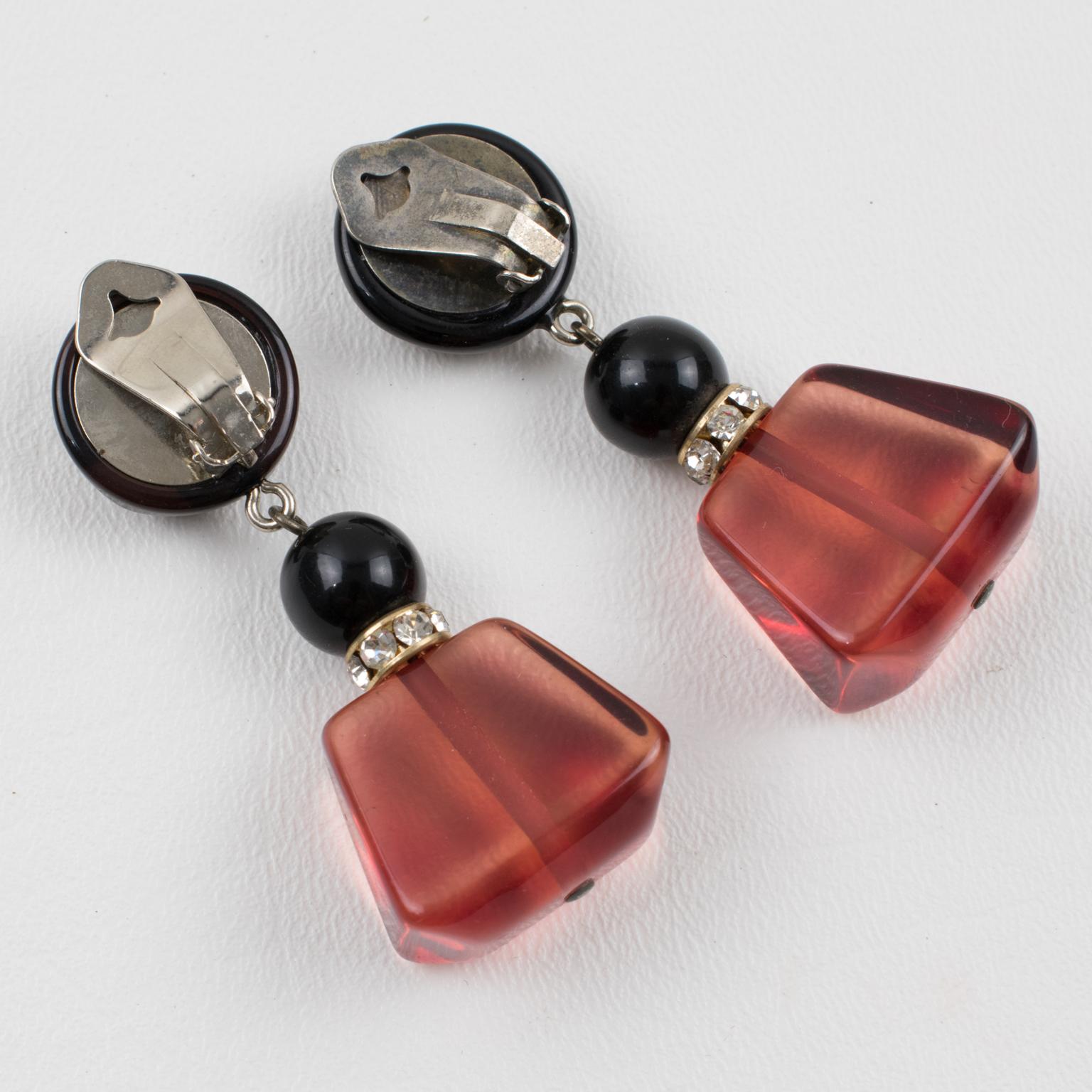 Women's or Men's Angela Caputi Dangle Black and Cranberry Resin Clip Earrings