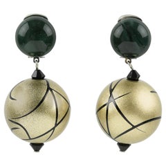 Angela Caputi Dangle Resin Clip Earrings Dark Green and Pale Gold