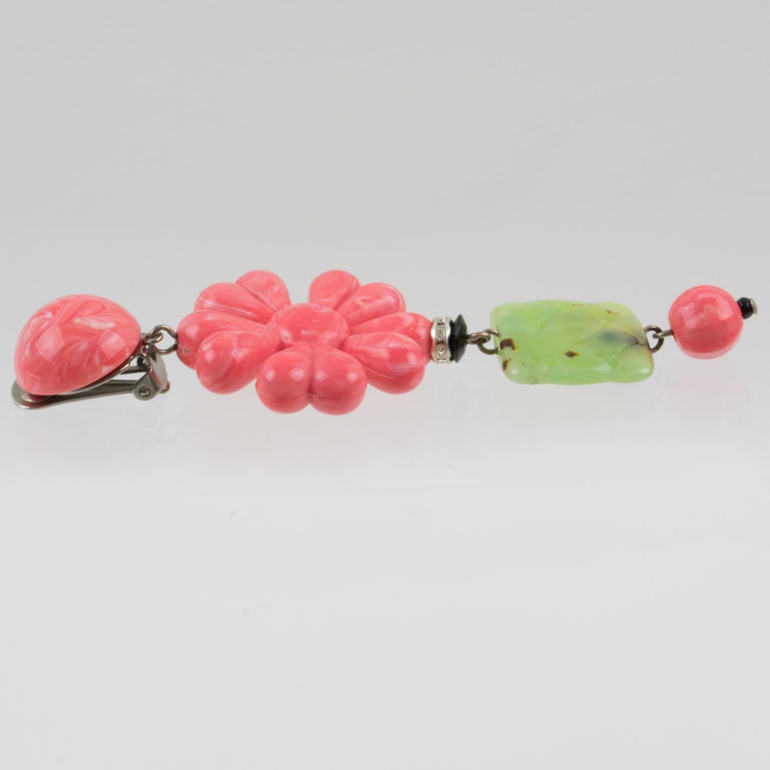 Women's or Men's Angela Caputi Dangle Resin Clip Earrings Faux Coral and Jade