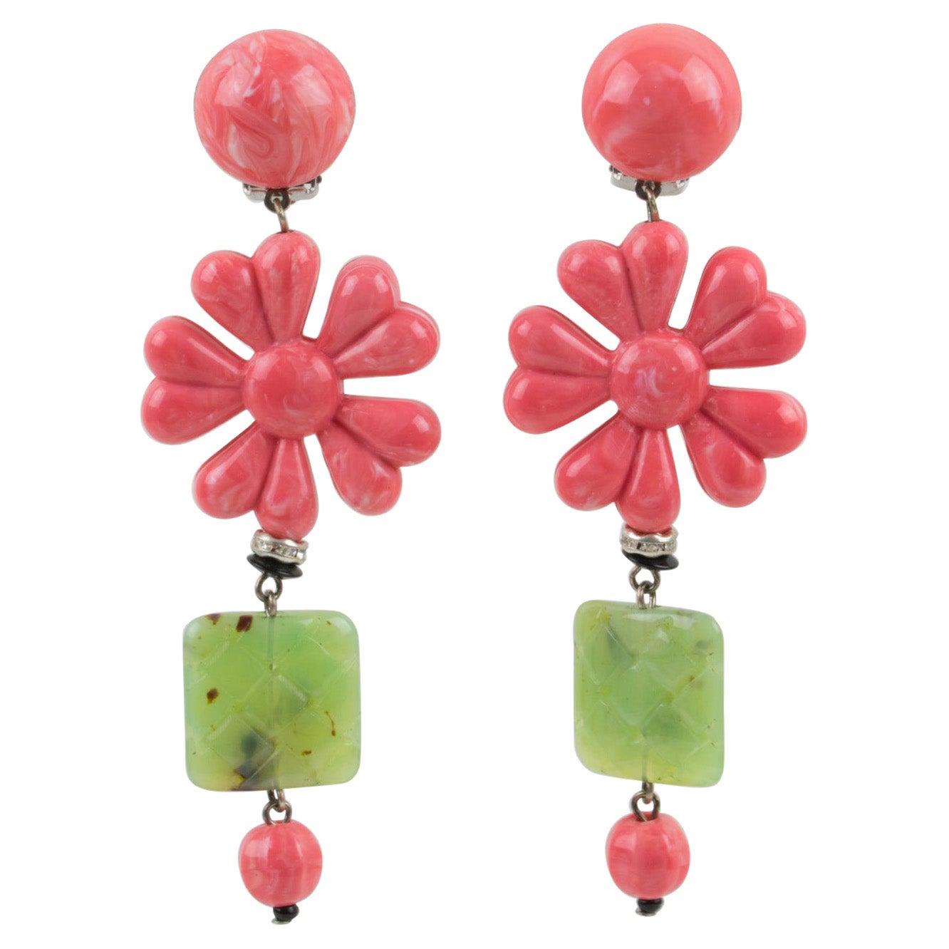 Angela Caputi Dangle Resin Clip Earrings Faux Coral and Jade