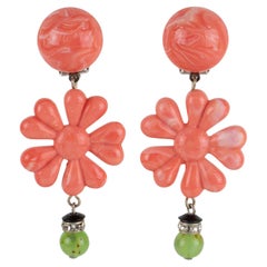 Angela Caputi Dangle Resin Clip Earrings Faux Coral and Jade