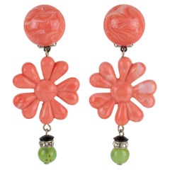 Angela Caputi Dangle Resin Clip Earrings Faux Coral and Jade