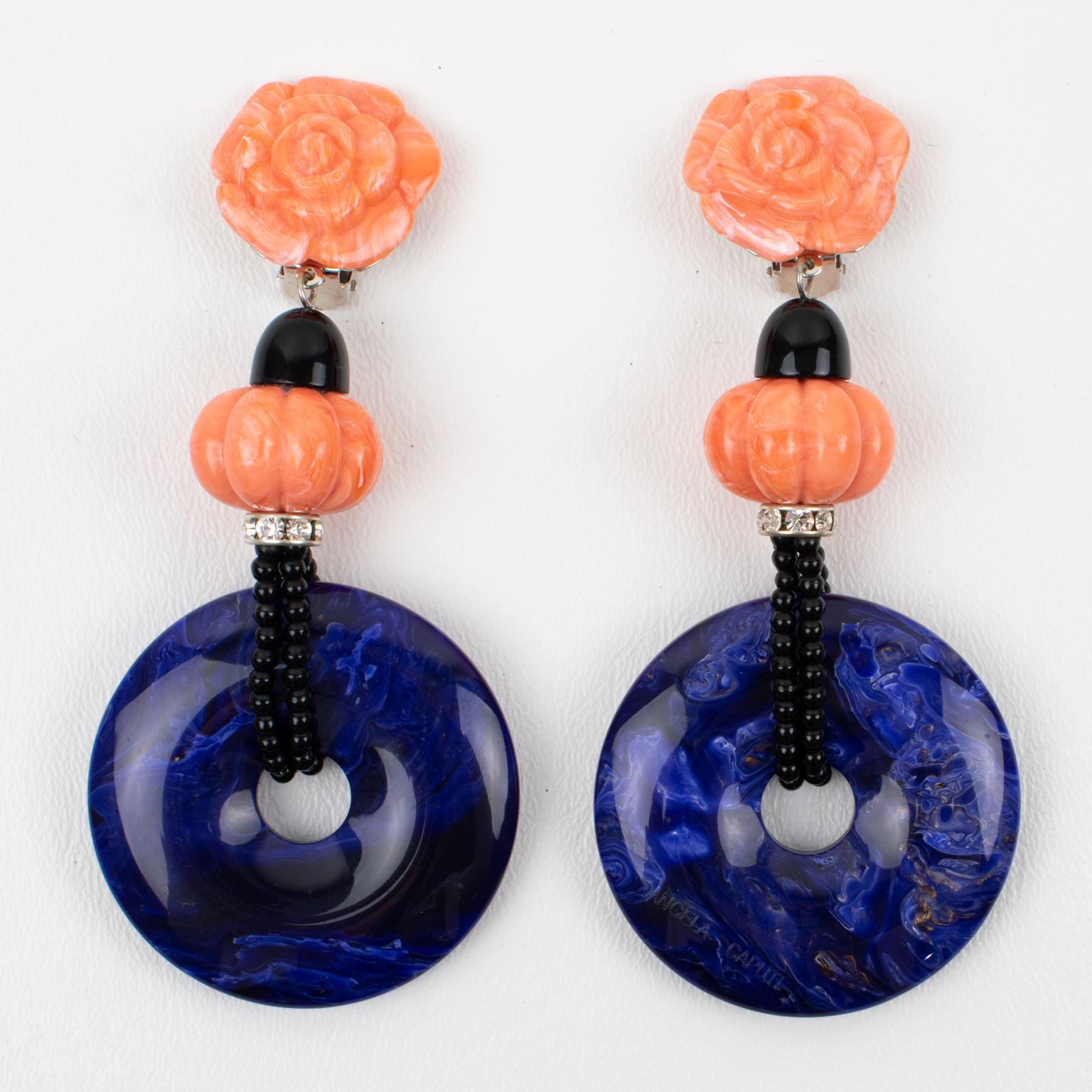Modern Angela Caputi Dangle Resin Clip Earrings Faux Coral and Lapis For Sale