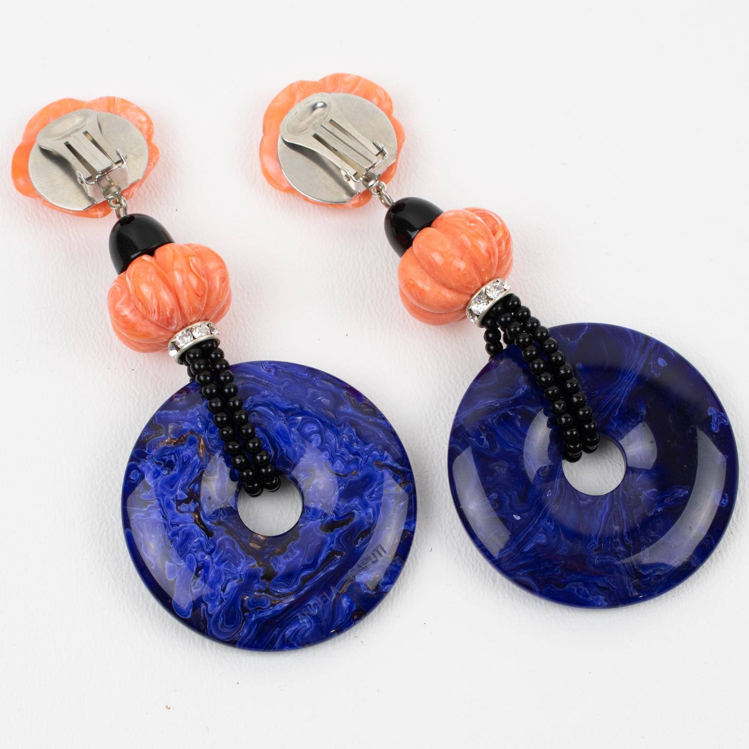 Angela Caputi Dangle Resin Clip Earrings Faux Coral and Lapis In Excellent Condition For Sale In Atlanta, GA
