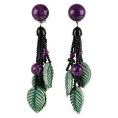 Angela Caputi Dangle Resin Clip Earrings Green and Purple Leaves Design