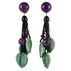Angela Caputi Dangle Resin Clip Earrings Green and Purple Leaves Design