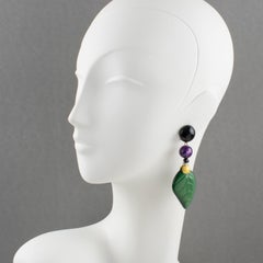 Angela Caputi Dangle Resin Clip Earrings Green Purple Leaves