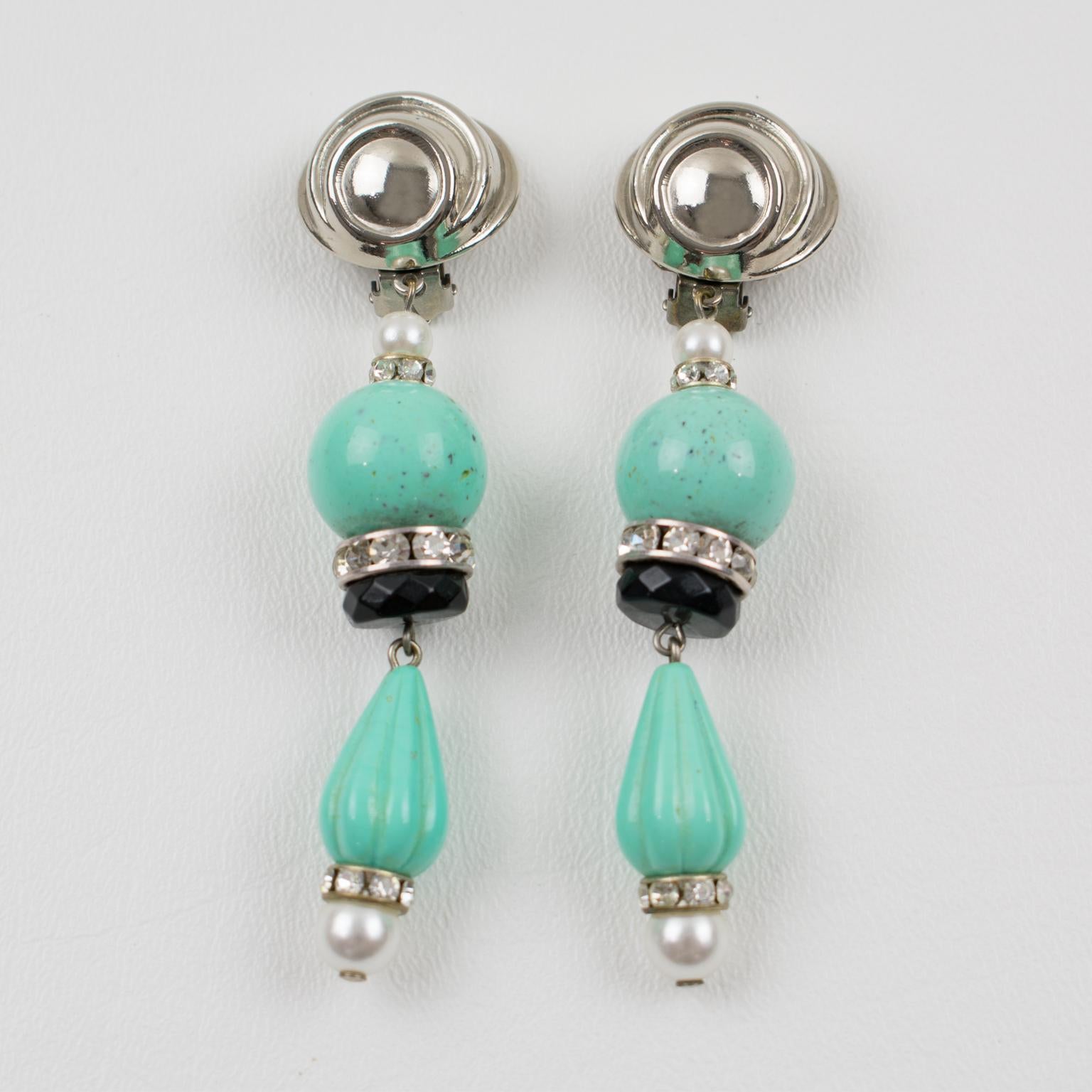 Modern Angela Caputi Dangle Clip Earrings Turquoise Resin and Pearl