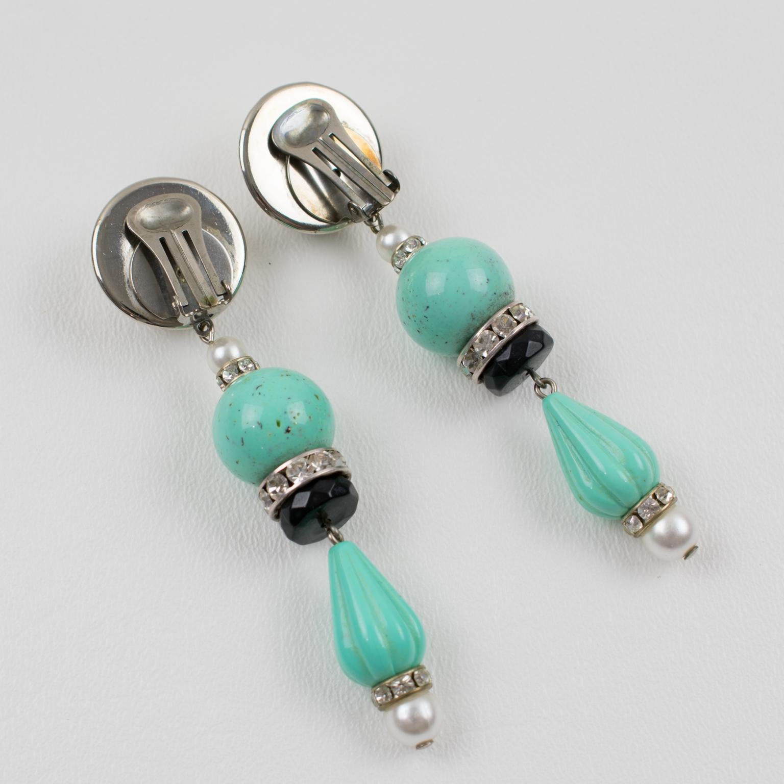 Women's or Men's Angela Caputi Dangle Clip Earrings Turquoise Resin and Pearl