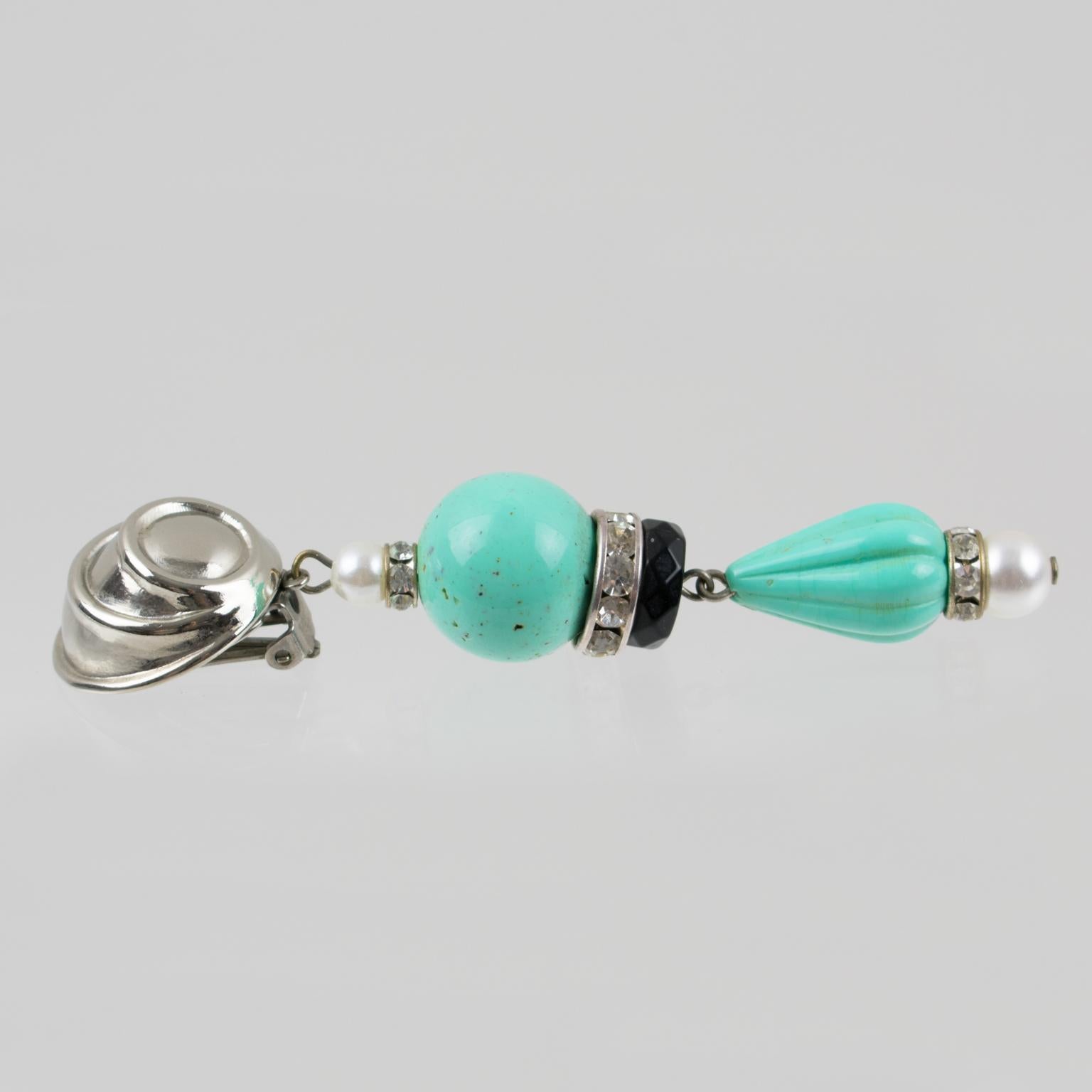 Angela Caputi Dangle Clip Earrings Turquoise Resin and Pearl 1