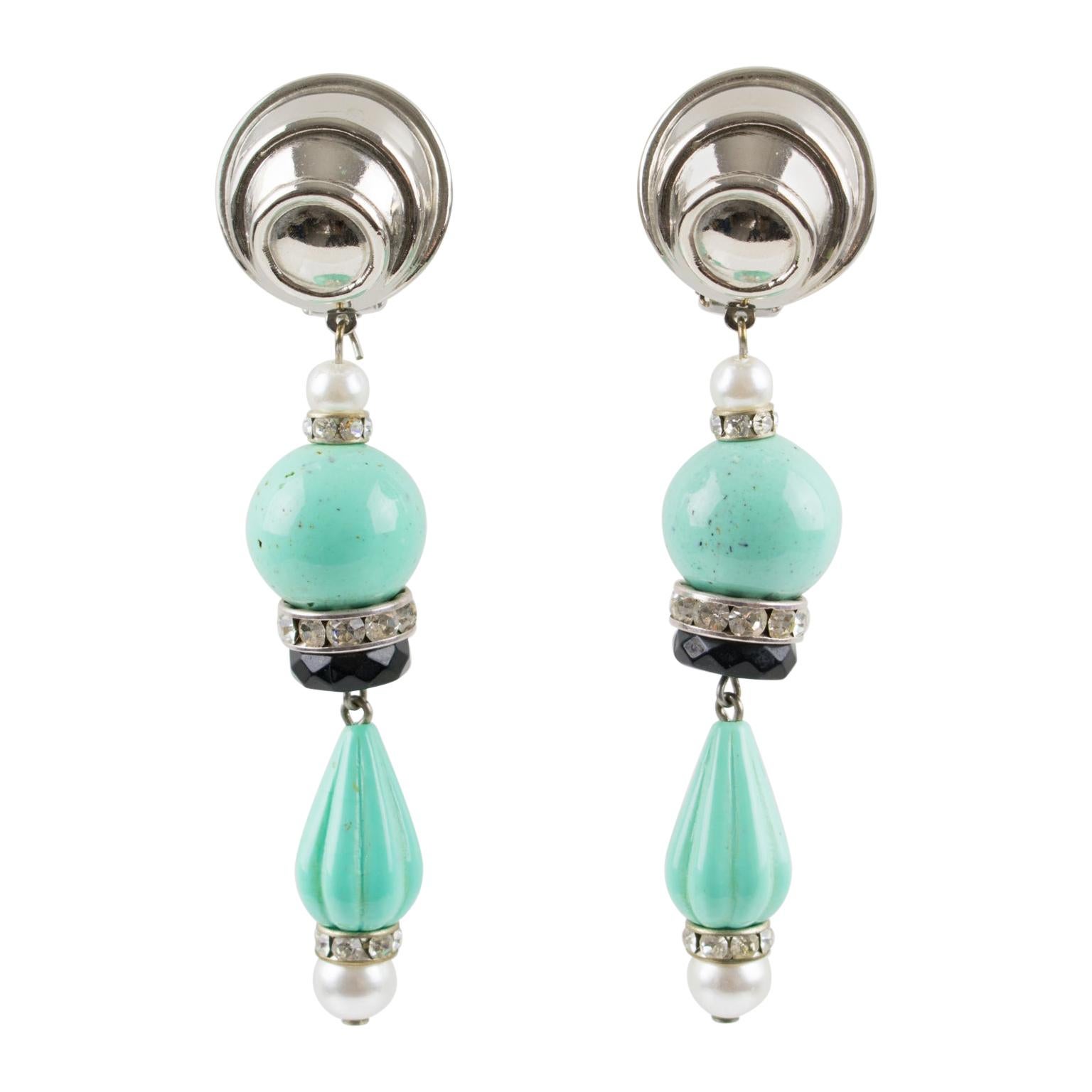 Angela Caputi Dangle Clip Earrings Turquoise Resin and Pearl