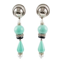 Angela Caputi Dangle Clip Earrings Turquoise Resin and Pearl