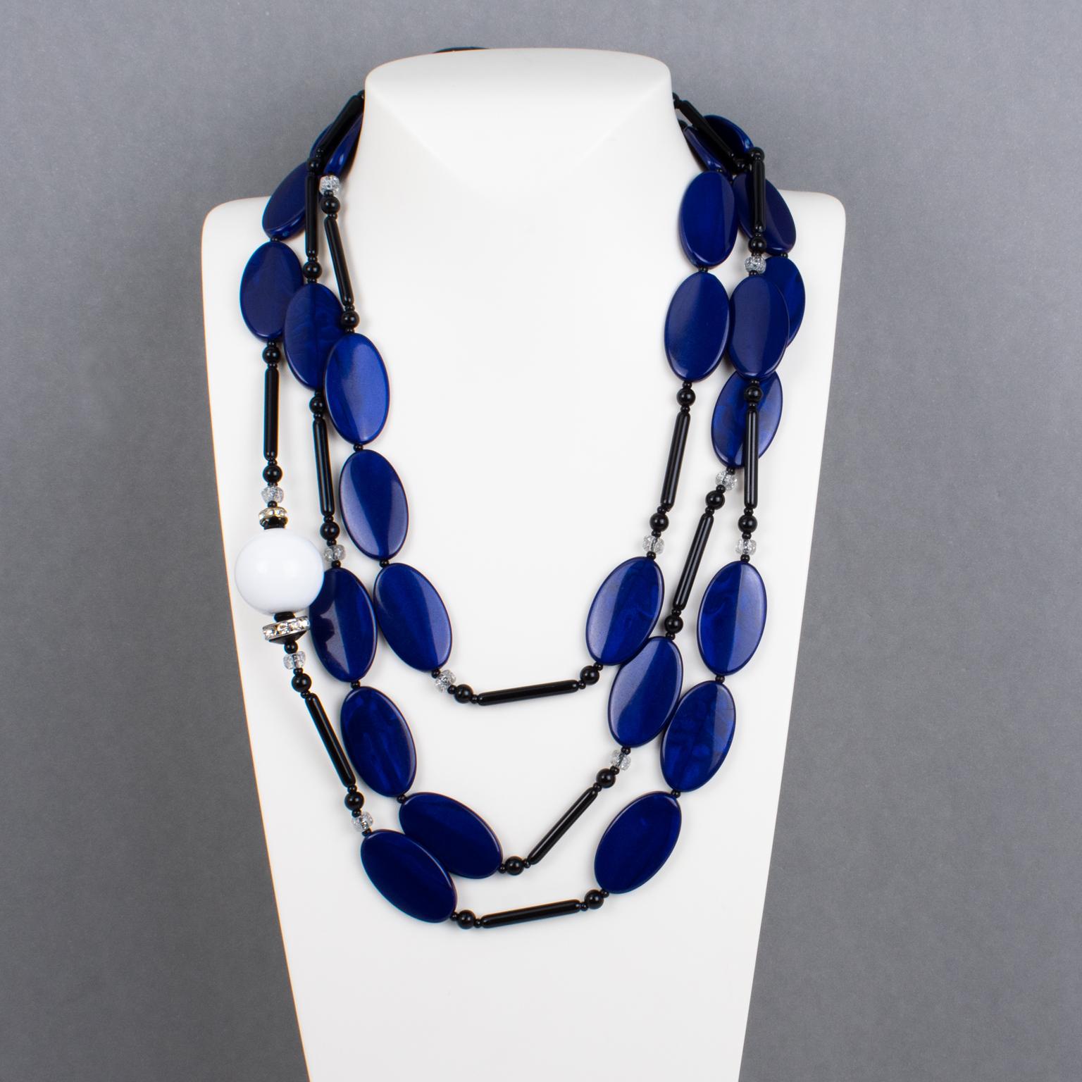 Modern Angela Caputi Extra-Long Necklace Faux-Lapis Blue and White Resin Beads For Sale