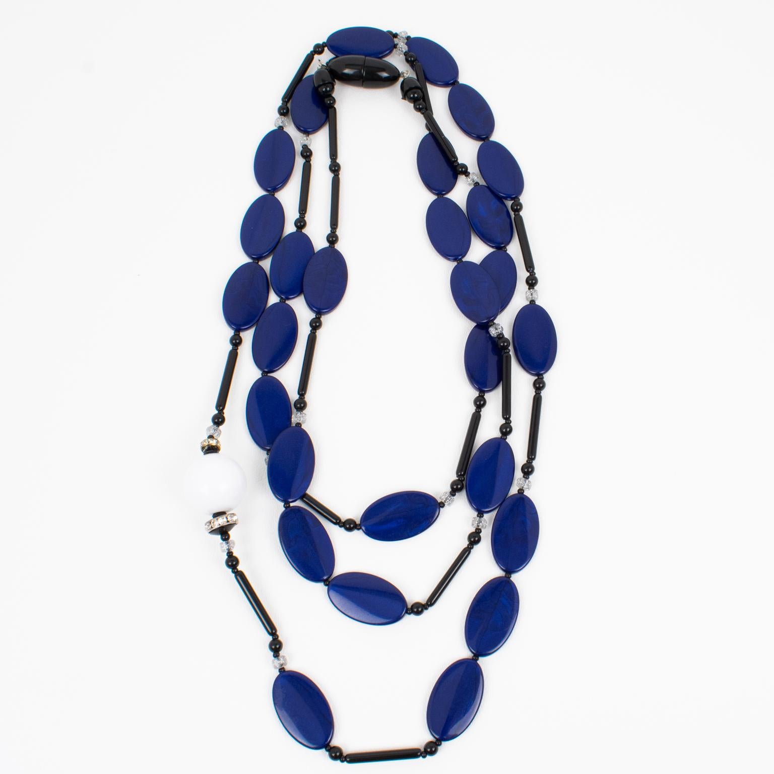Angela Caputi Extra-Long Necklace Faux-Lapis Blue and White Resin Beads In Excellent Condition For Sale In Atlanta, GA